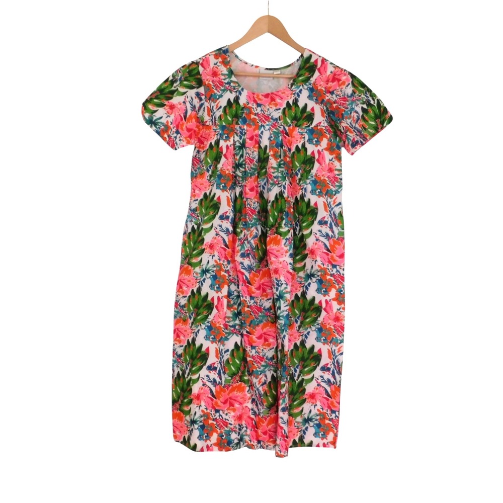 New Womens Tropical Patio Dress Muumuu Floral Pockets Short Sleeve Size Small